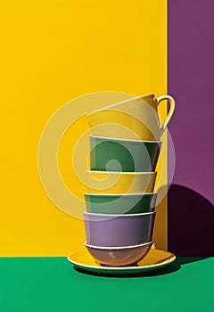 Mockup enamelware on yellow, purple and green background. Ad posters. Minimalistic color enamel objects.