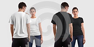 Mockup of a fashion white, black T-shirt on a guy, back view, and a girl, front, for presentation of design