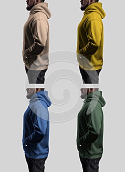 Mockup of fashionable colored clothing, oversized hoodie with pocket, ties, label, on bearded man, side view, set