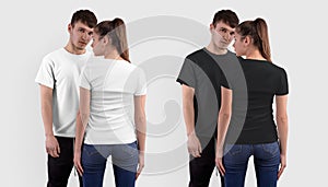 Mockup of a fashionable white, black T-shirt on a girl, back view, and a guy, front view, isolated on the background