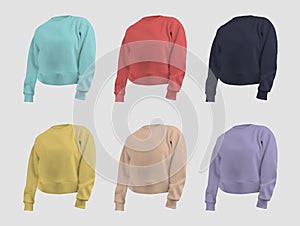 Mockup of female crop sweatshirt canvas bella 3D rendering, yellow, violet, dark blue, tan, nude, red, turquoise, shirt, isolated