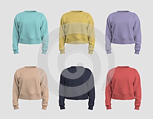 Mockup of female crop sweatshirt, yellow, violet, dark blue, tan, nude, red, turquoise, shirt canvas bella 3D rendering, isolated