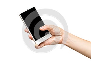 Mockup of female hand holding frameless cell phone with blank screen