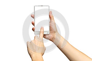 Mockup of female hand holding frameless cell phone with blank screen