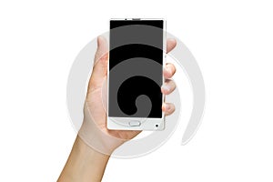 Mockup of female hand holding frameless cell phone with blank screen