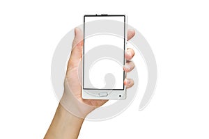 Mockup of female hand holding frameless cell phone with blank screen