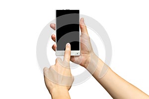 Mockup of female hand holding frameless cell phone with blank screen