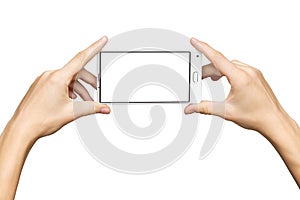 Mockup of female hand holding frameless cell phone with blank screen