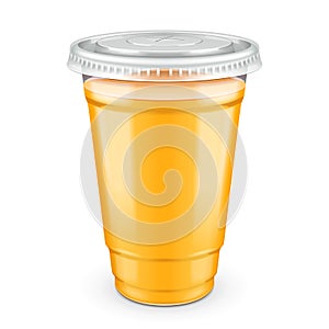 Mockup Filled Disposable Plastic Cup With Lid. Orange, Apricot, Mango, Melon, Fresh Drink. Yellow, Orange Juice