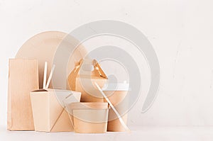 Mockup food takeaway packaging for cafe and restaurant - blank container, box, bowl for food, drink, packet, chopsticks of paper