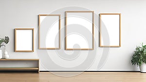 Mockup of four blank wooden photo frames in a contemporary setting.