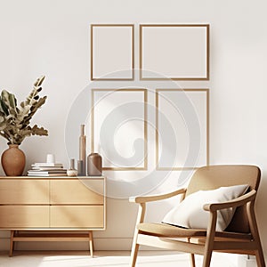 Mockup of four frames in a Scandinavian interior on a background of a white wall and dresser