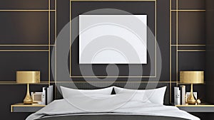 Mockup frame on art deco wall with bed ,Modern classic style,Poster Mockup