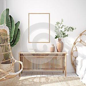 Mockup frame in bedroom interior background, Coastal boho style