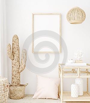 Mockup frame in bedroom interior background, Coastal boho style