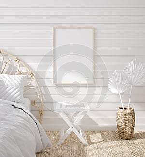 Mockup frame in bedroom interior background, Coastal boho style