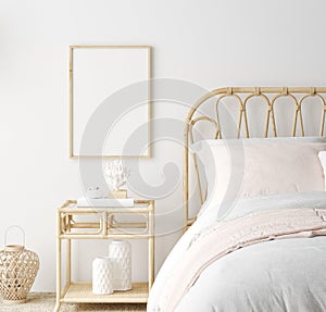 Mockup frame in bedroom interior background, Coastal boho style