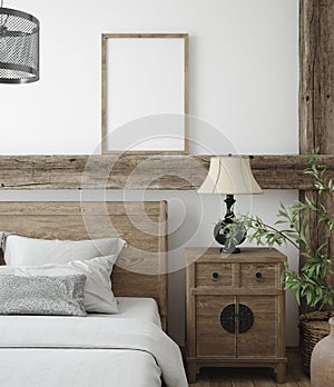 Mockup frame in bedroom interior background, Farmhouse style