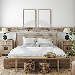 Mockup frame in bedroom interior background, Farmhouse style