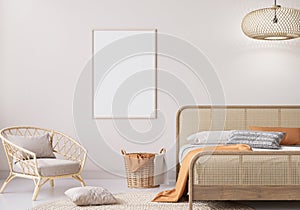 Mockup frame in bedroom interior background with natural wooden furniture