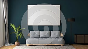 Mockup frame with blank frame, gray sofa, floor lamp, cabinet, and dark teal painted wall