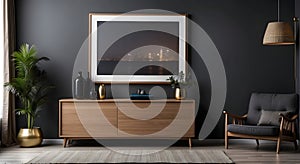 Mockup frame on cabinet in living room interior on empty dark wa