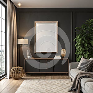 Mockup Frame on Cabinet in Living Room Interior on Empty Dark Wall Background, 3D Rendering photo