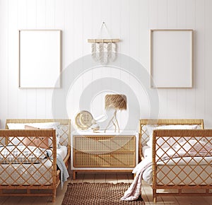 Mockup frame in children bedroom with wicker furniture, Coastal boho style