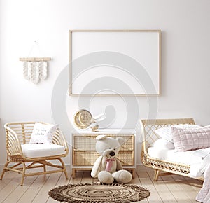 Mockup frame in children bedroom with wicker furniture, Coastal boho style