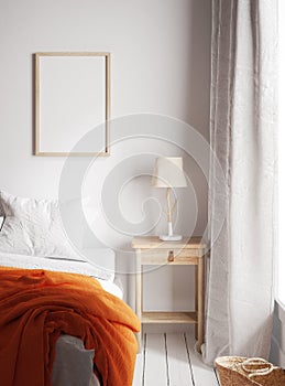 Mockup frame close up in bedroom interior background