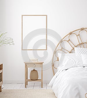 Mockup frame in Coastal boho style bedroom interior