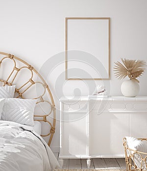 Mockup frame in Coastal boho style bedroom interior