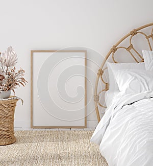 Mockup frame in Coastal boho style bedroom interior photo