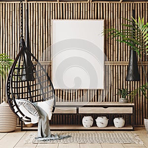 Mockup frame in coastal boho style interior