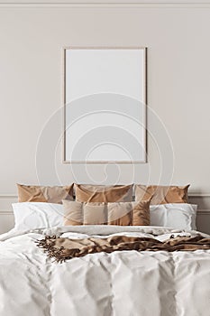 Mockup frame in contemporary bedroom design, bight home decor
