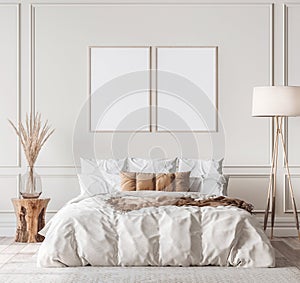 Mockup frame in contemporary bedroom design, bight home decor, contemporary style photo