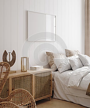 Mockup frame in cozy simple bedroom interior background