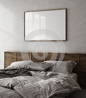 Mockup frame in cozy simple bedroom interior background