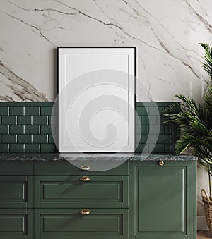 Mockup frame in dark green kitchen with marble wall