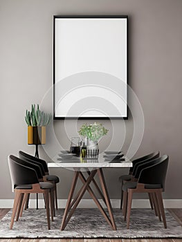 Mockup frame in the dining room with the blank frame, dining table, objects, and gray wall.