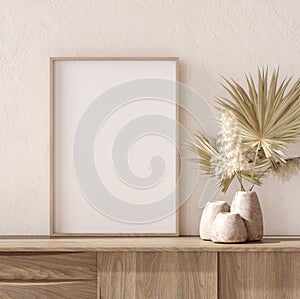 Mockup frame with dry plant in pot close up, nomadic style