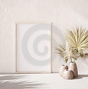 Mockup frame with dry plant in pot close up, nomadic style