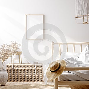Mockup frame in farmhouse bedroom interior background