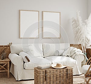 Mockup frame in farmhouse living room interior