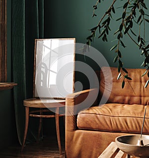 Mockup frame in farmhouse living room interior