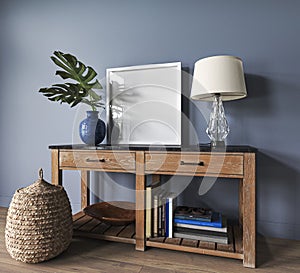 Mockup frame in farmhouse living room interior. Blue color wall with wooden console. Vintage decor with green plants in