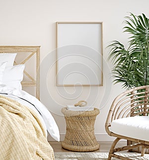 Mockup frame in farmhouse style bedroom interior background