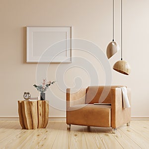 Mockup frame in interior background on empty white wall in living room interior