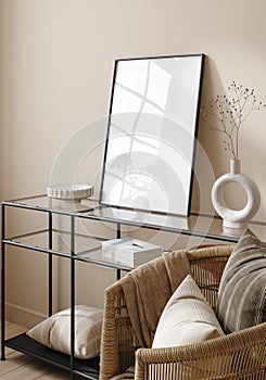 Mockup frame in interior background, light pastel beige room