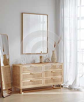 Mockup frame in interior background, room in light pastel colors with rattan furniture, Coastal style